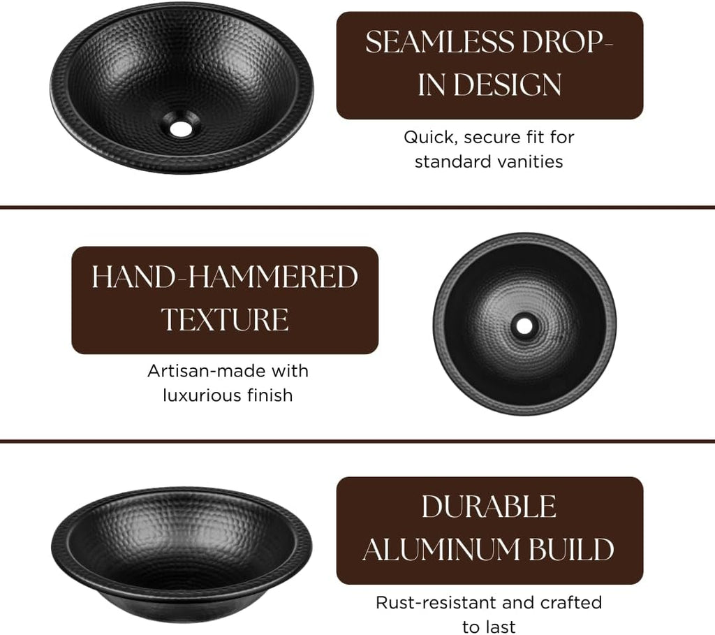 Monarch Abode Bathroom Sink â 16-Inch Rotunda Dual Mount Undermount or Drop In Bathroom Sinks, Bathrooms Hand Hammered Matte Black Aluminum Vanity Sink for Countertop, Powder Room, Bath, or Restroom