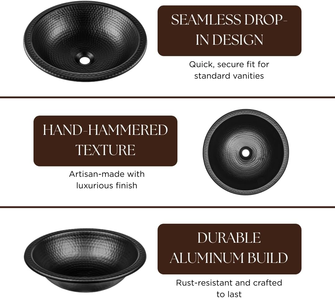 Monarch Abode Bathroom Sink â 16-Inch Rotunda Dual Mount Undermount or Drop In Bathroom Sinks, Bathrooms Hand Hammered Matte Black Aluminum Vanity Sink for Countertop, Powder Room, Bath, or Restroom