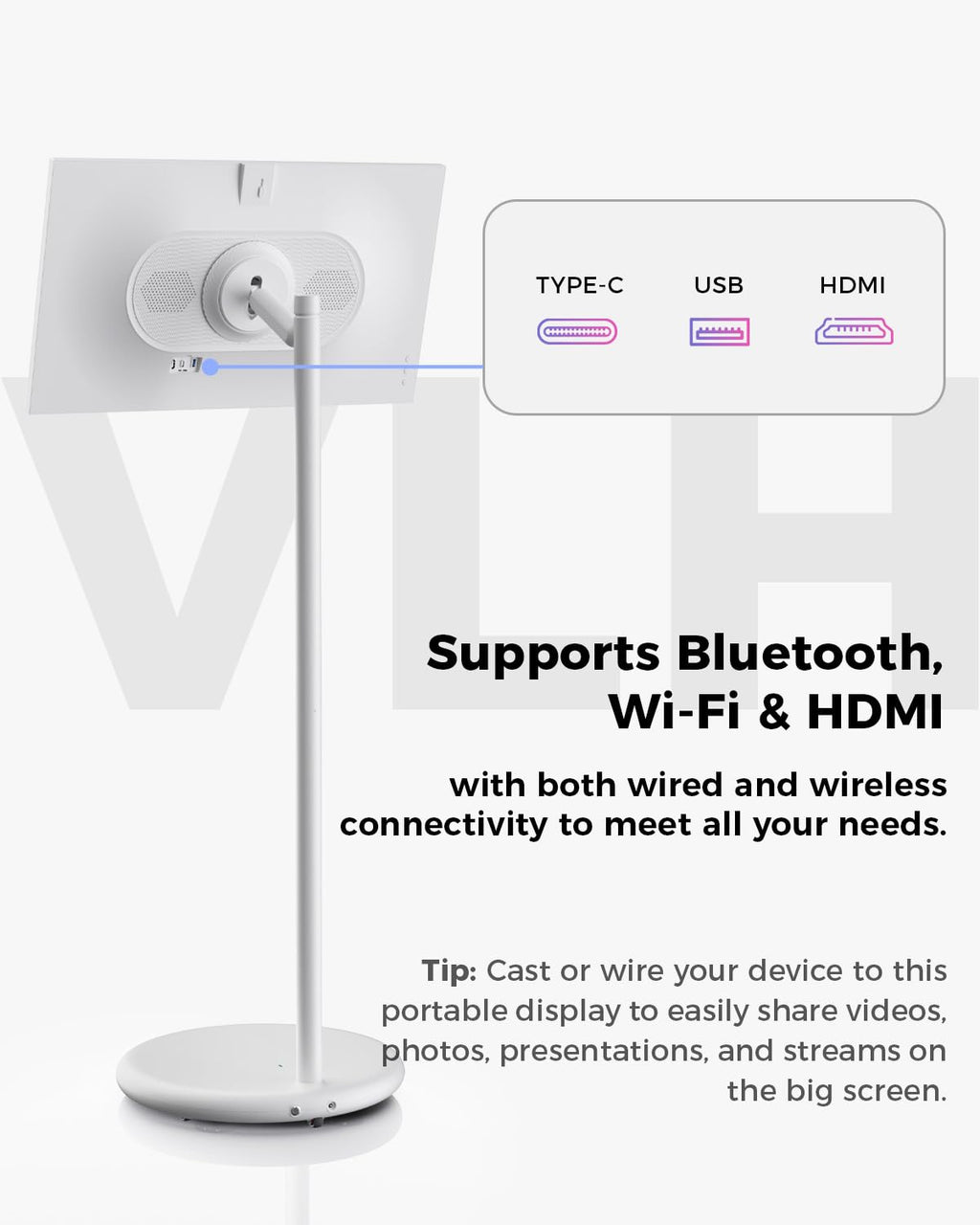 VLH 32 Inch Smart Portable TV Tablet with Rolling Stand, 1080P Touch Screen Rolling TV, Built-in 38400mAh Battery, Android 15, 8+128GB Wireless TV on Wheels with Remote, 360Â° Rotation, 5MP Camera