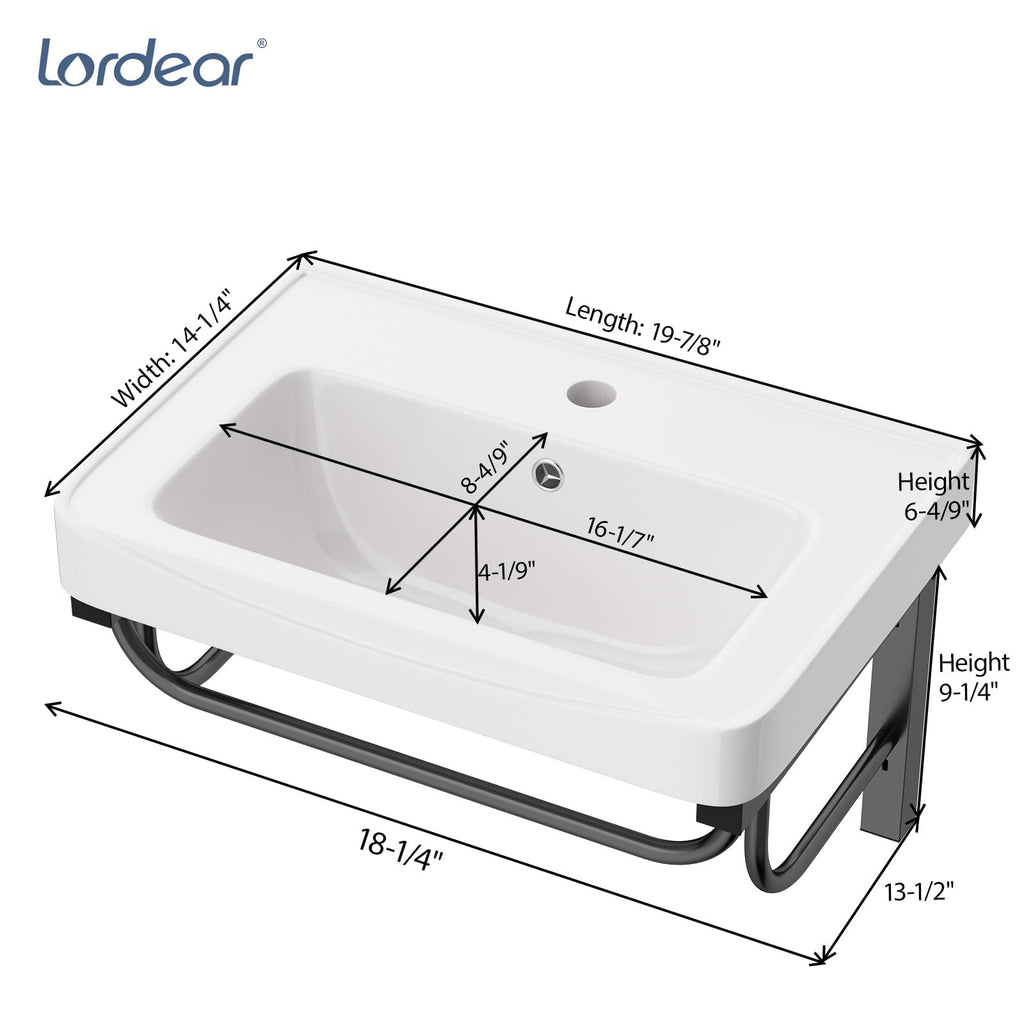 Lordear Wall Mounted Vessel Sink 16x11 Inch, U-Shape White Porcelain Bathroom Sink with Black Faucet and Support Pedestal Legs, Wall Hung Vanity Sink with Towel Rack for Small Bathrooms
