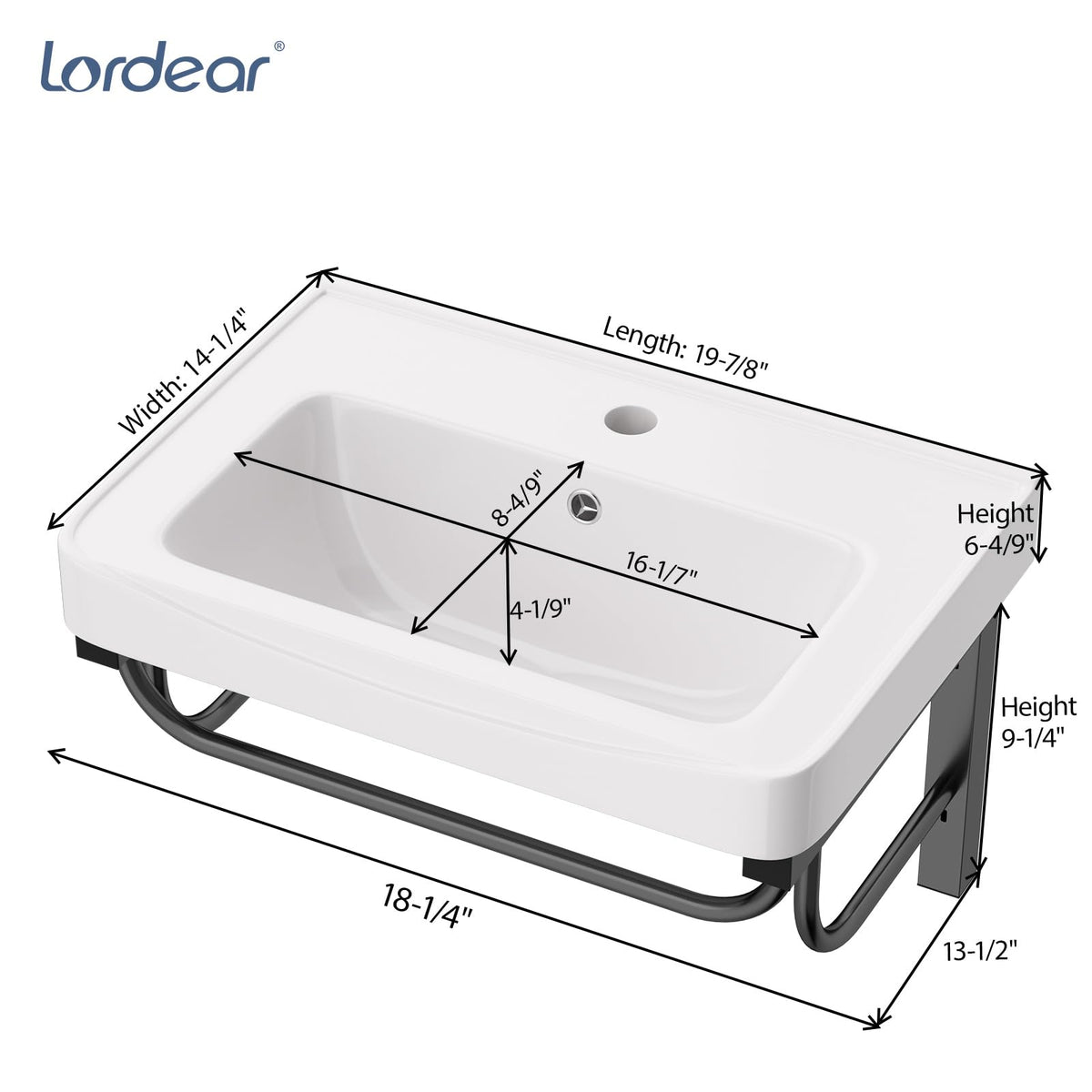 Lordear Wall Mounted Vessel Sink 16x11 Inch, U-Shape White Porcelain Bathroom Sink with Black Faucet and Support Pedestal Legs, Wall Hung Vanity Sink with Towel Rack for Small Bathrooms