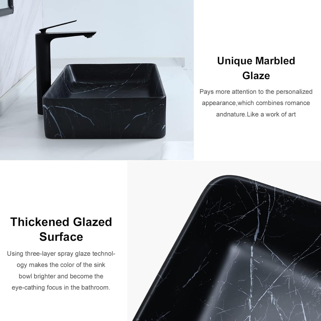 Davivy 23.6''x13.3'' Large Nordic Marbling Matte Black Rectangle Vessel Sink with Pop Up Drain,Bathroom Vessel Sinks,Bathroom Sinks Above Counter,Black Ceramic Vessel Sink for bathrooms (Large)