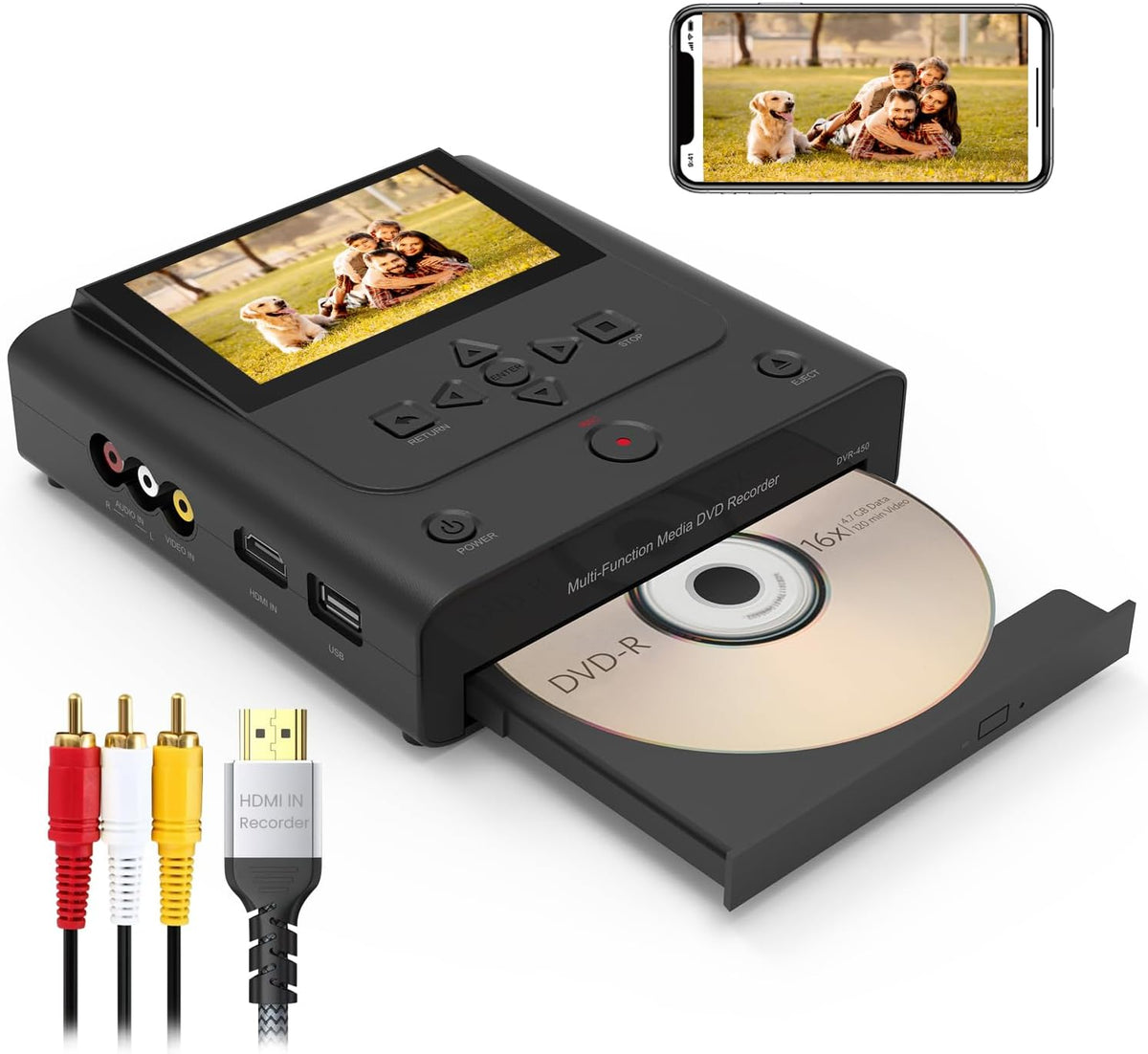 VHS to DVD Recorder, VCR to DVD Recorder-Convert Photos and Videos Between VHS,VCR,Memory Cardï¼DVD and USB. Phone can use a Free app to Burn Videos and Photos, Also has TV Recording Functionï¼Blackï¼