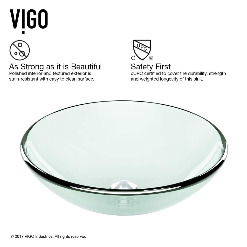Vigo Vessel Sink Copper - 17â Artistic Round Bowl Sink for Bathrooms, Tempered Glass Above Counter Bathroom Sink with NonStickShield, QuickDrain & TempGuard, Modern Luxury Design