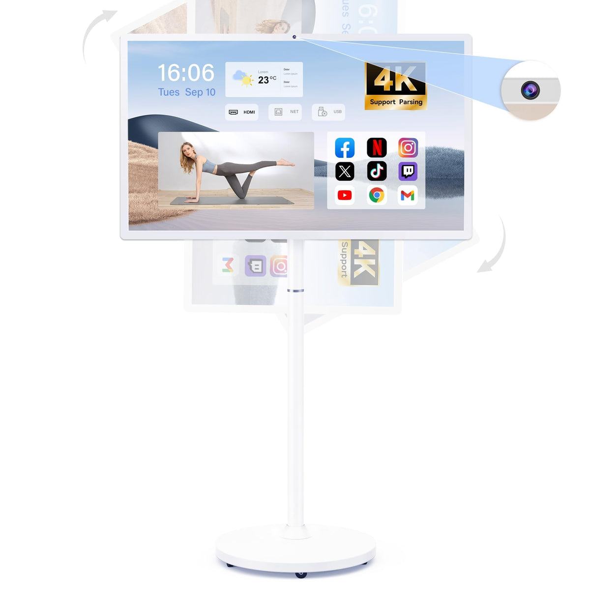 Bisprico 32" Portable Smart TV on Wheels, Qualcomm CPU, EDLA-Certified, Built-in 22000mAh Battery, 16+128GB, Android 14 OS Rolling Tablet TV, Full Swivel Rotation, Remote Control, 13MP Webcam