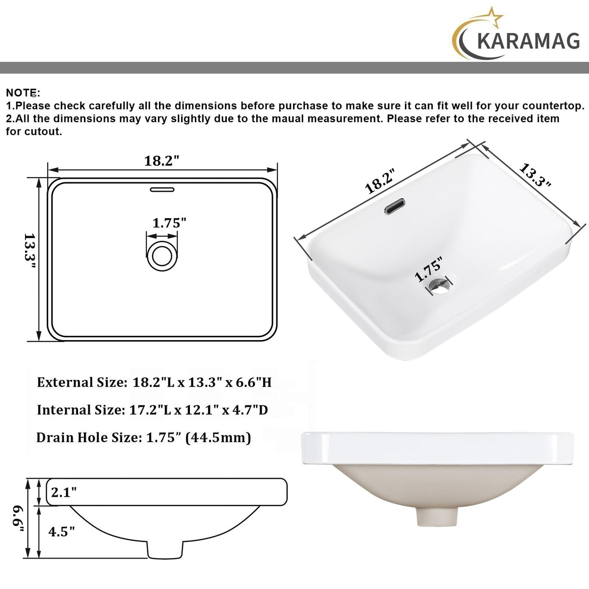 Small Bathroom Vessel Sink 16.7'' x 12.6'' Semi Recessed Bathroom Sink Rectangular Drop-in Vanity Sink with Overflow White Ceramic Modern Art Basin