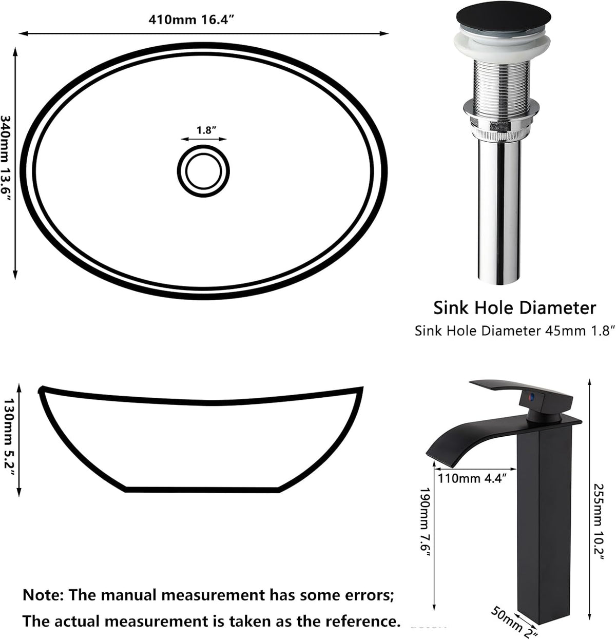 16" Black Oval Bathroom Sink Set