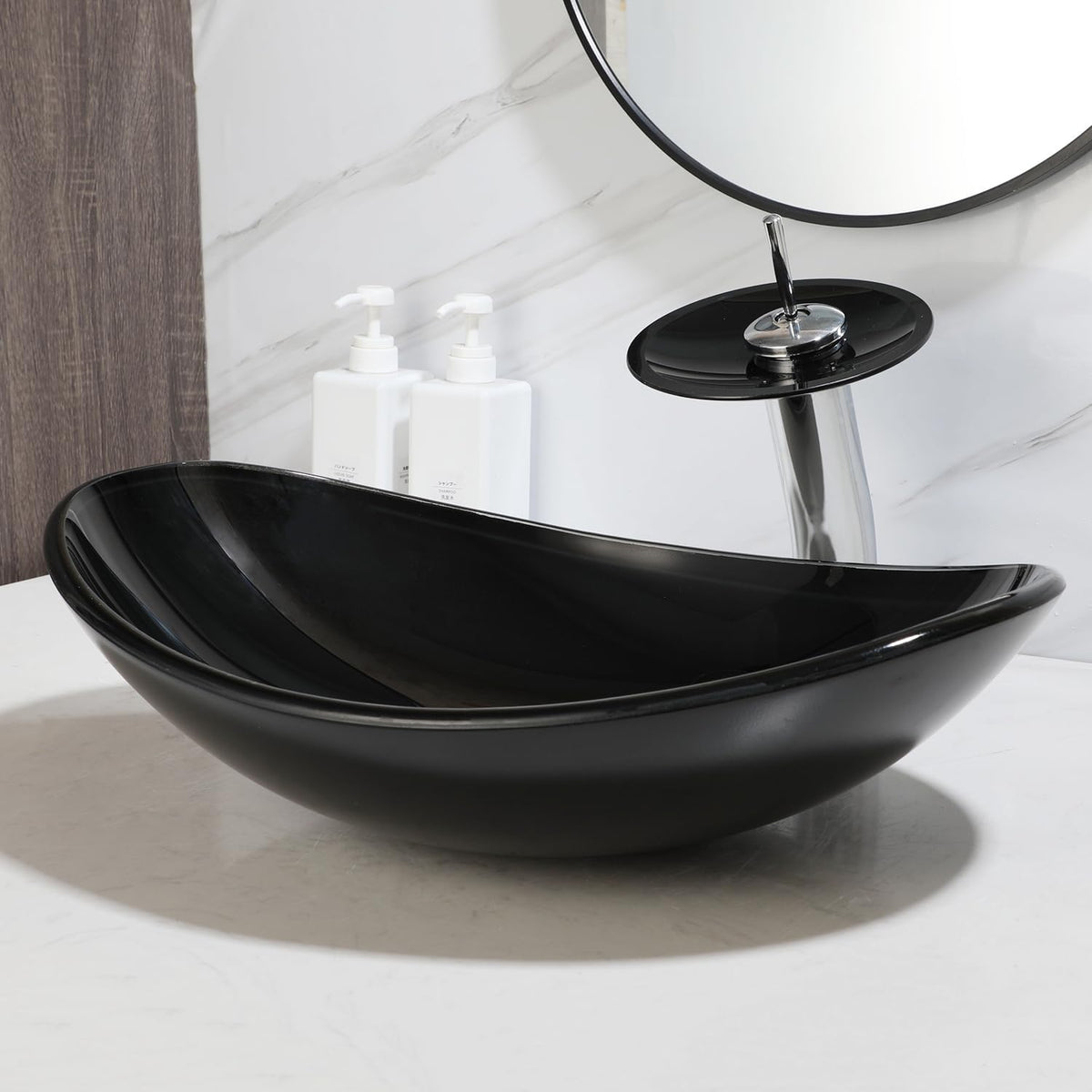 22" Black Oval Bathroom Vessel Sink Tempered Glass Washing Bowl