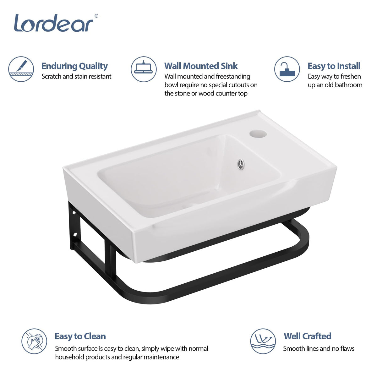 Lordear Wall Mounted Vessel Sink 16x11 Inch, U-Shape White Porcelain Bathroom Sink with Black Faucet and Support Pedestal Legs, Wall Hung Vanity Sink with Towel Rack for Small Bathrooms