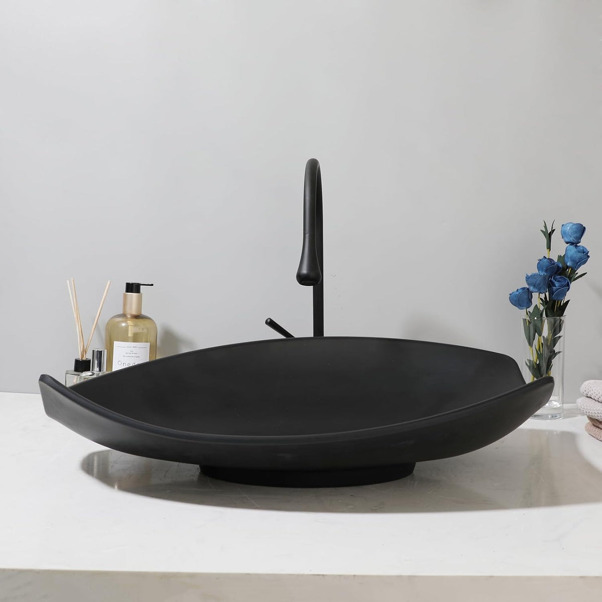 21 Inch Black Bathroom Vessel Sink Set (Irregular Rectangular)