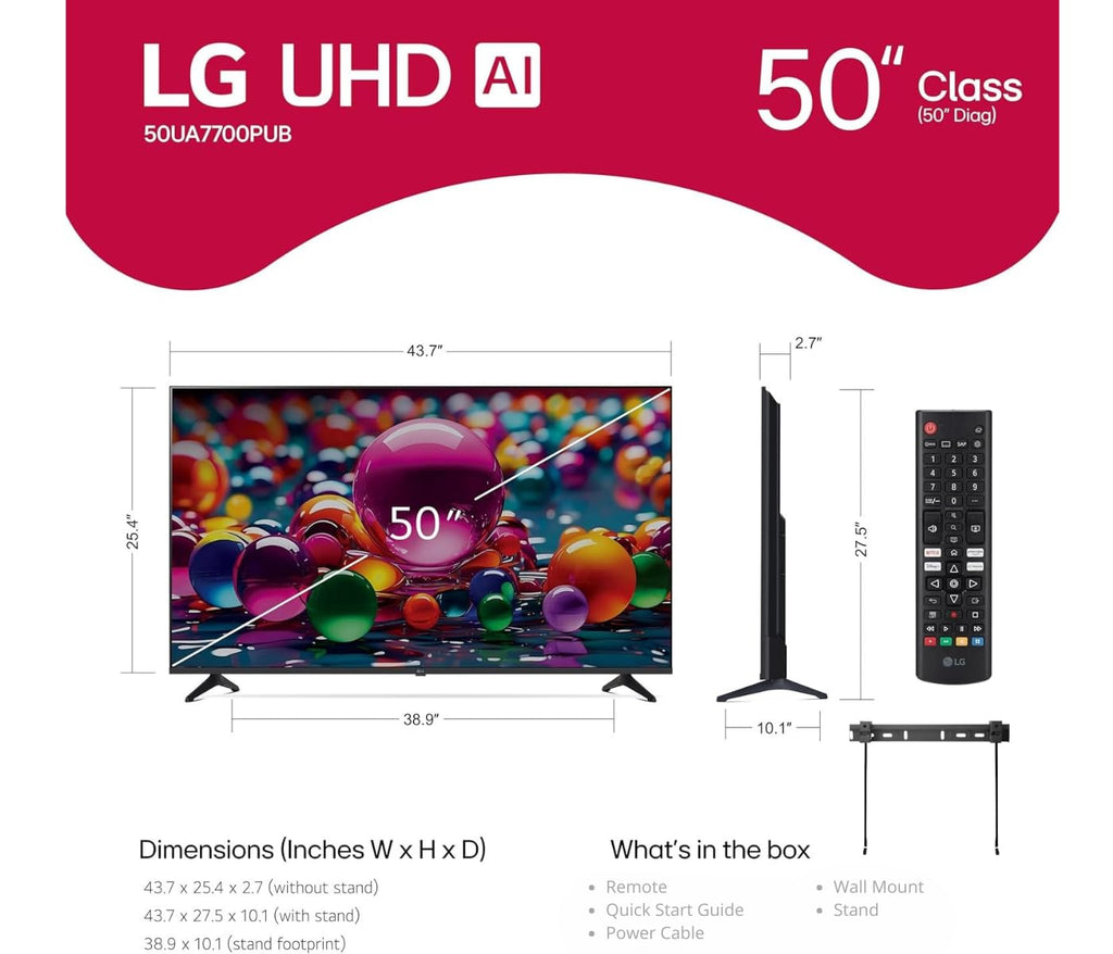 LG 55" (2025 Model) UHD AI UA75 Smart TV HDR10 Bluetooth a7 AI Processor 4K Gen8 Filmmaker Mode webOS 25 + Wall Mount Compatible with Alexa(Renewed)