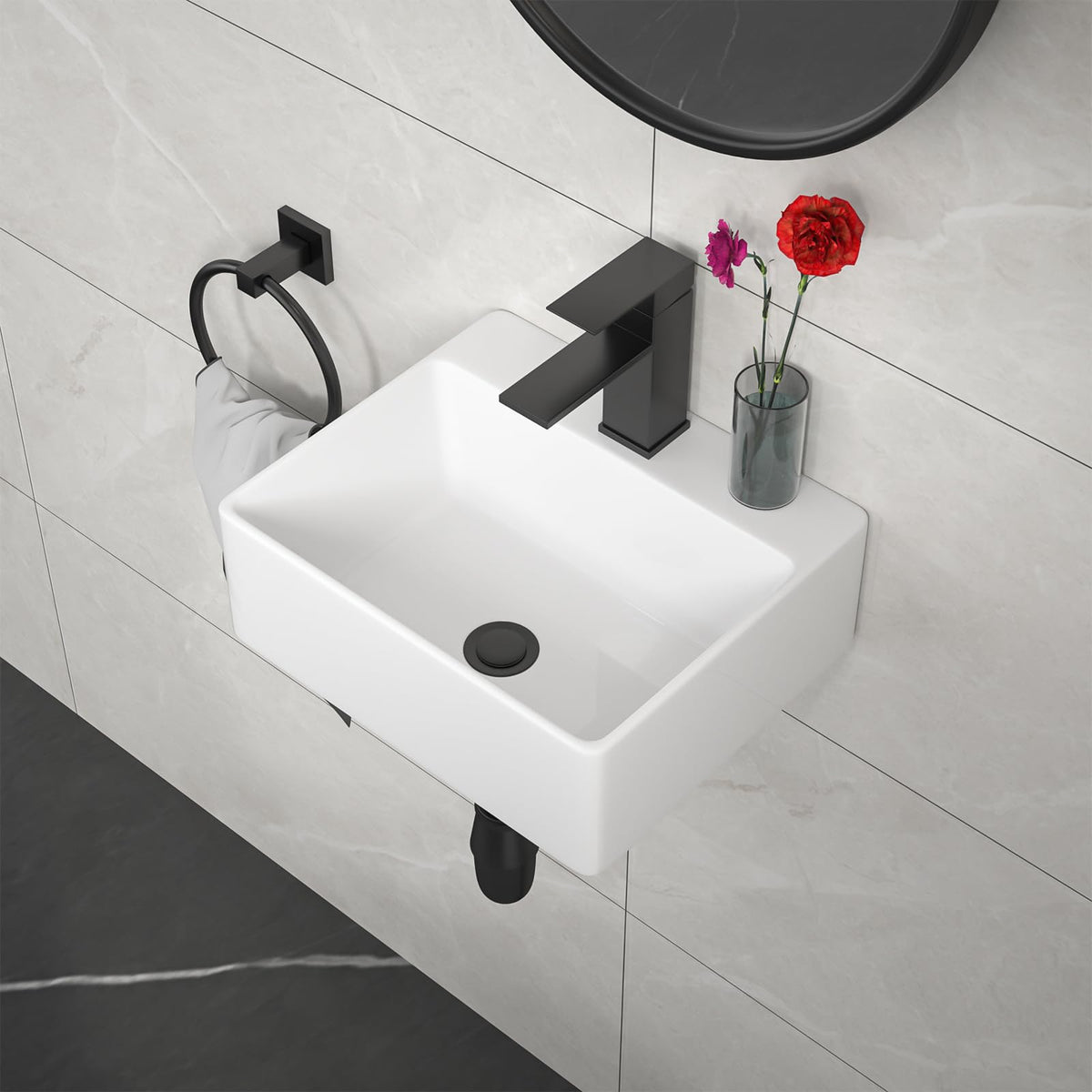 Kichae 16"x12" Vessel Sink Rectangle - Modern Above Matte Black Porcelain Ceramic Bathroom Vessel Vanity Sink Bowl Art Basin