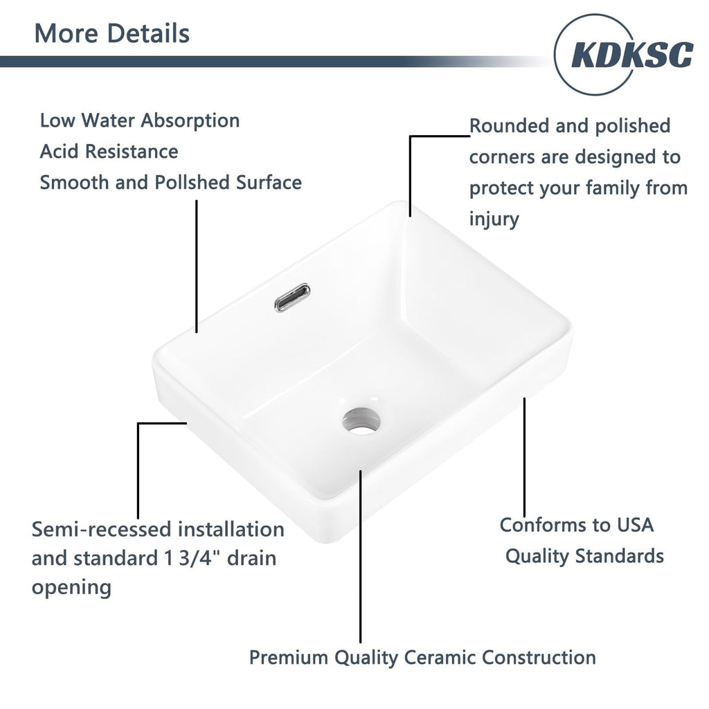 Bathroom Vessel Sink 16.7" X 12.6" Semi Recessed Bathroom Sink Rectangular Drop In Bathroom Sinks with Overflow White Ceramic Vessel Sinks for Bathroom Modern Above Counter Basin Vanity Sink