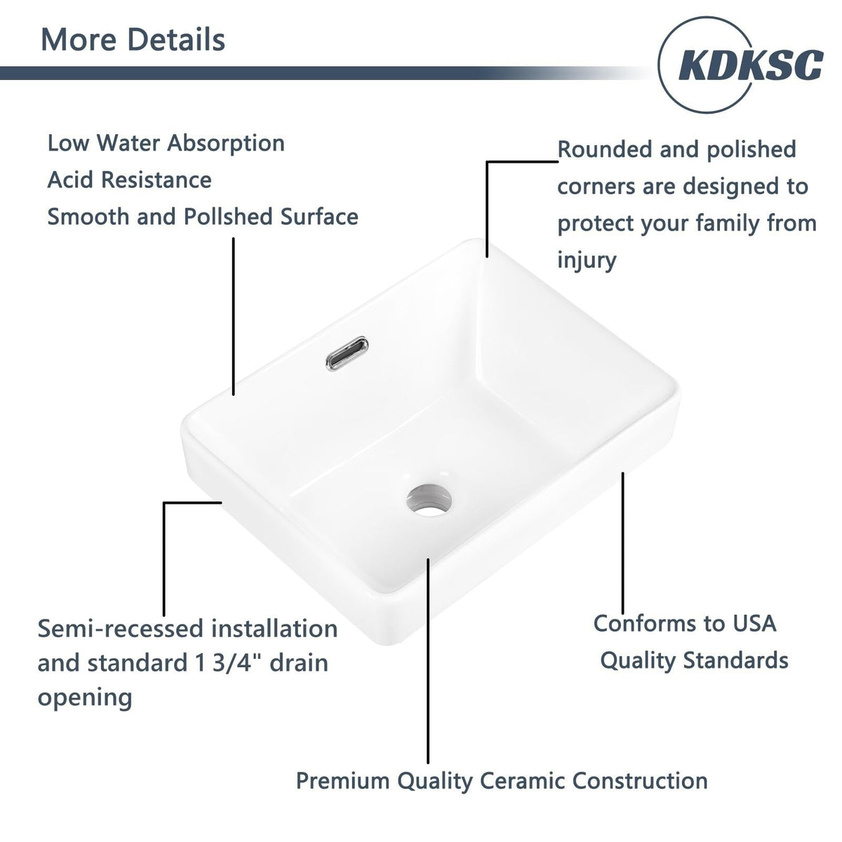 Bathroom Vessel Sink 16.7" X 12.6" Semi Recessed Bathroom Sink Rectangular Drop In Bathroom Sinks with Overflow White Ceramic Vessel Sinks for Bathroom Modern Above Counter Basin Vanity Sink