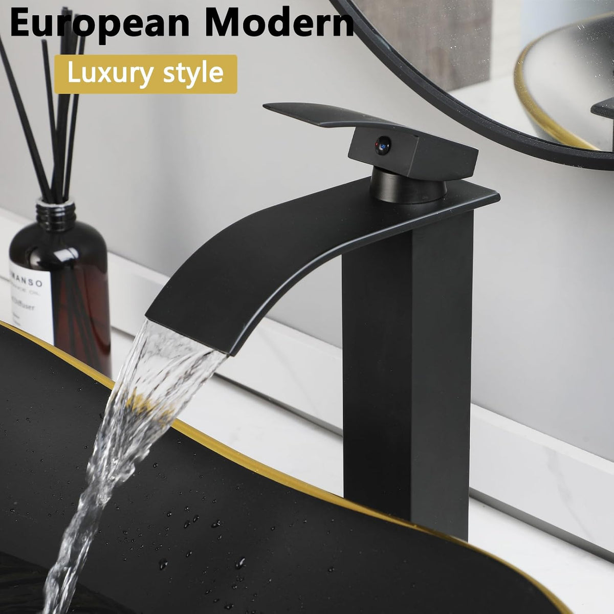 Ceramic Matte Black Bathroom Sink with Gold Trim,Oval Porcelain Vessel Sink with Faucet and Drain Combo,Above Counter Wash Basin Sink bowl