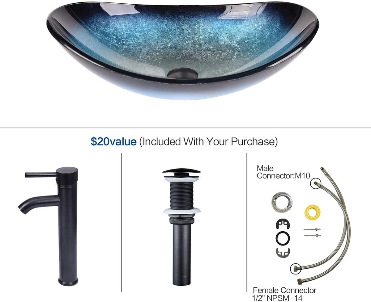 YOURLITE Bathroom Artistic Vessel Sink, Tempered Glass Countertop Bowl Sink