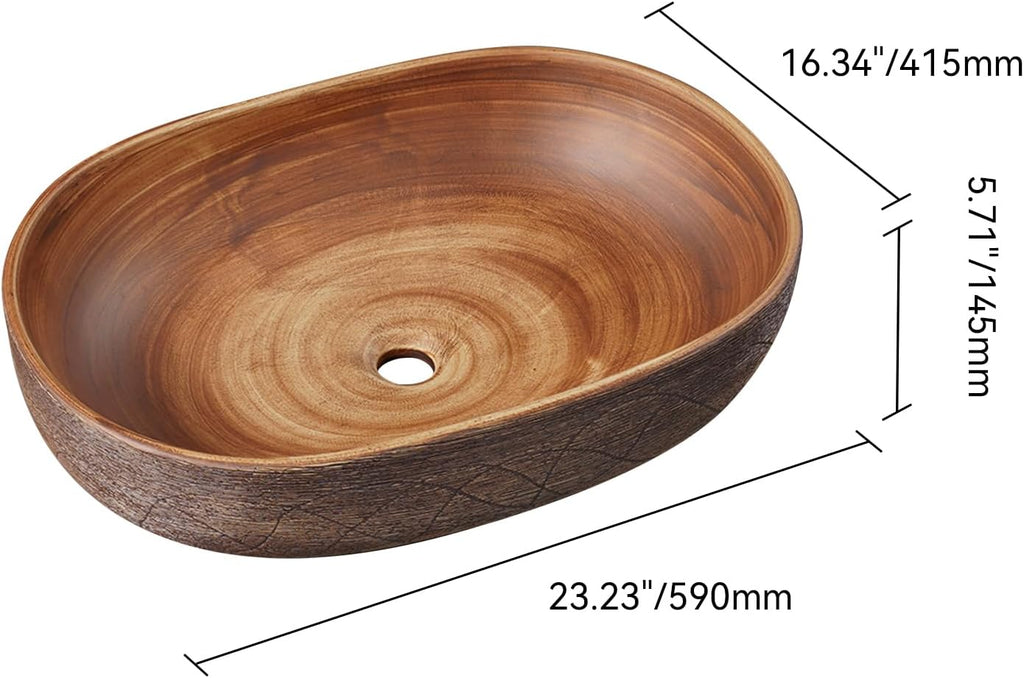 Homary Bathroom Vessel Sink, 23.23" Oval Bowl Sink Retro Ceramic Washbasin Above Counter for Bathroom,Without Pop-up Drain, Retro Brown