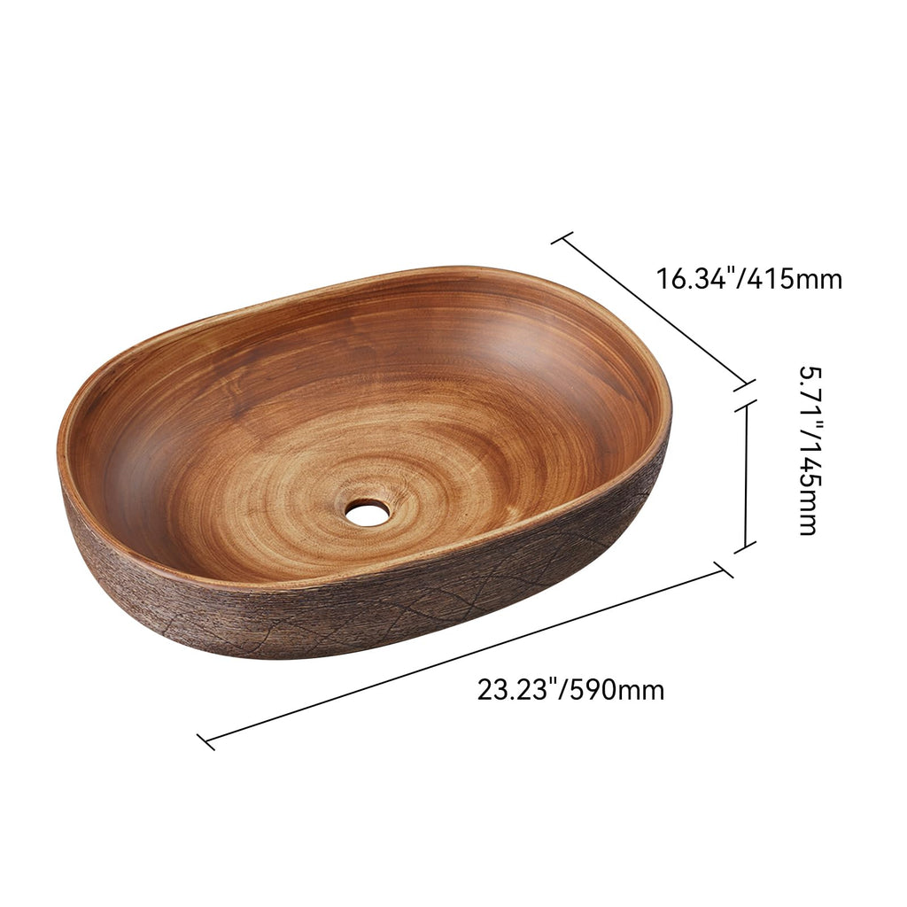 Homary Bathroom Vessel Sink, 23.23" Oval Bowl Sink Retro Ceramic Washbasin Above Counter for Bathroom,Without Pop-up Drain, Retro Brown