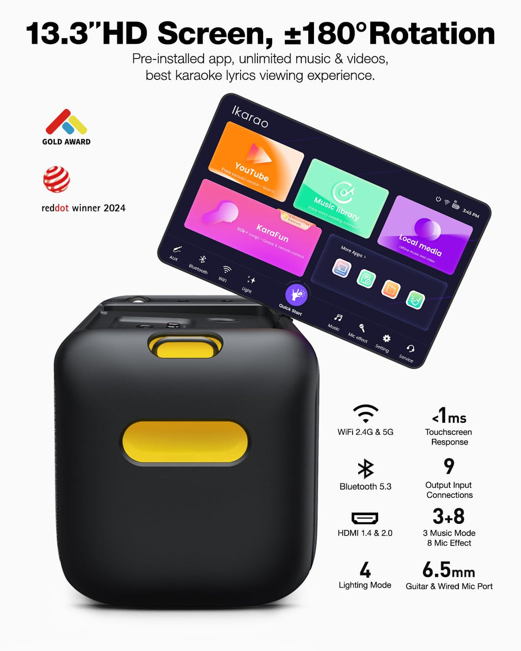 Ikarao Karaoke Machine with Microphone Stand, Portable Bluetooth Speaker for Party, Backyard, Karaoke System with 2 Wireless Microphone for Adults Kids, for Women, Men, Singing Lovers