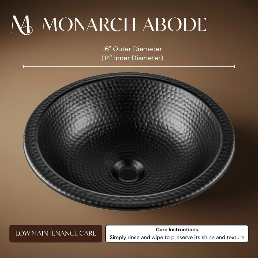 Monarch Abode Bathroom Sink â 16-Inch Rotunda Dual Mount Undermount or Drop In Bathroom Sinks, Bathrooms Hand Hammered Matte Black Aluminum Vanity Sink for Countertop, Powder Room, Bath, or Restroom