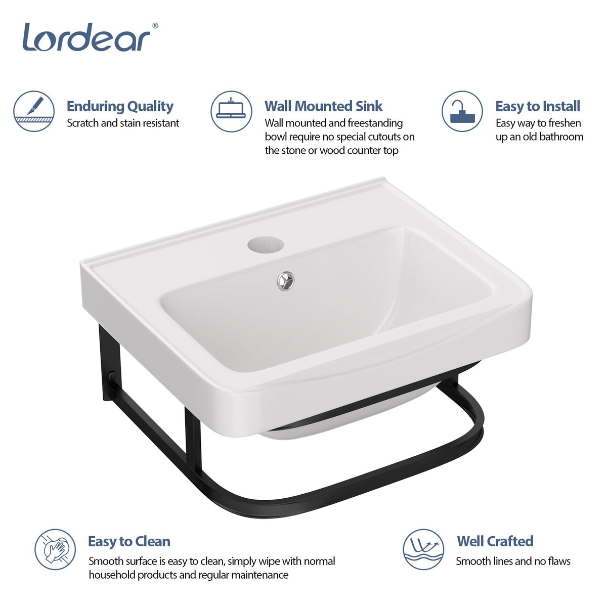 Lordear Wall Mounted Vessel Sink 16x11 Inch, U-Shape White Porcelain Bathroom Sink with Black Faucet and Support Pedestal Legs, Wall Hung Vanity Sink with Towel Rack for Small Bathrooms