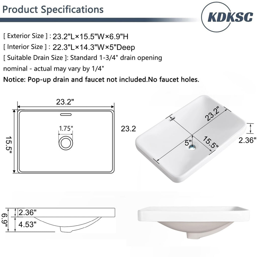Bathroom Vessel Sink 16.7" X 12.6" Semi Recessed Bathroom Sink Rectangular Drop In Bathroom Sinks with Overflow White Ceramic Vessel Sinks for Bathroom Modern Above Counter Basin Vanity Sink