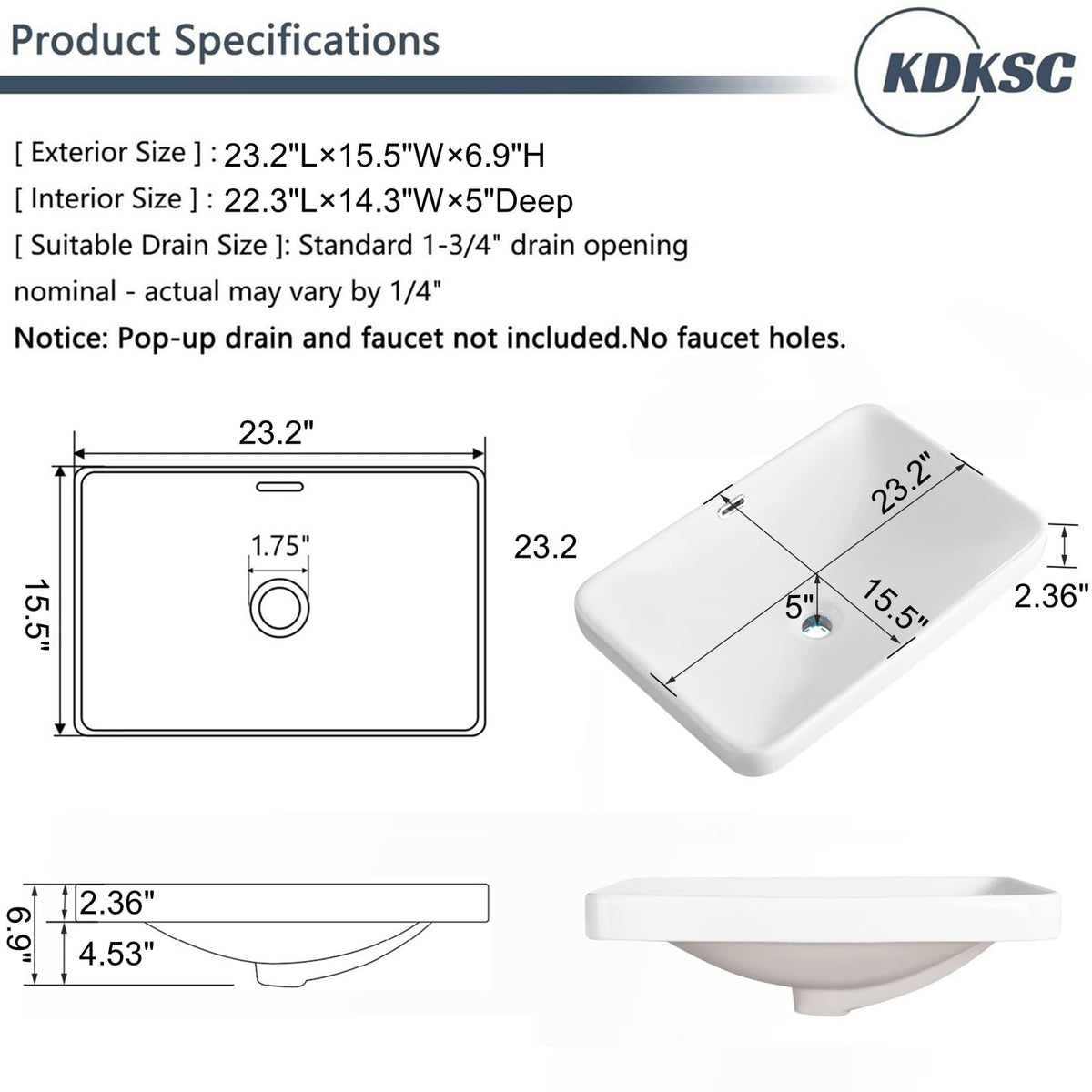 Bathroom Vessel Sink 16.7" X 12.6" Semi Recessed Bathroom Sink Rectangular Drop In Bathroom Sinks with Overflow White Ceramic Vessel Sinks for Bathroom Modern Above Counter Basin Vanity Sink