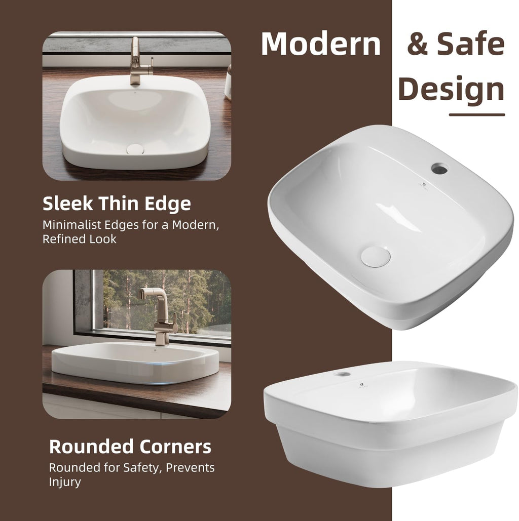 20â³W x 17â³D Drop In Bathroom Sink with Free Pop-Up Drain, White Ceramic Rectangular Semi Recessed Bathroom Sink with Single Faucet Hole, Modern Vessel Sink, Durable Above Counter Basin