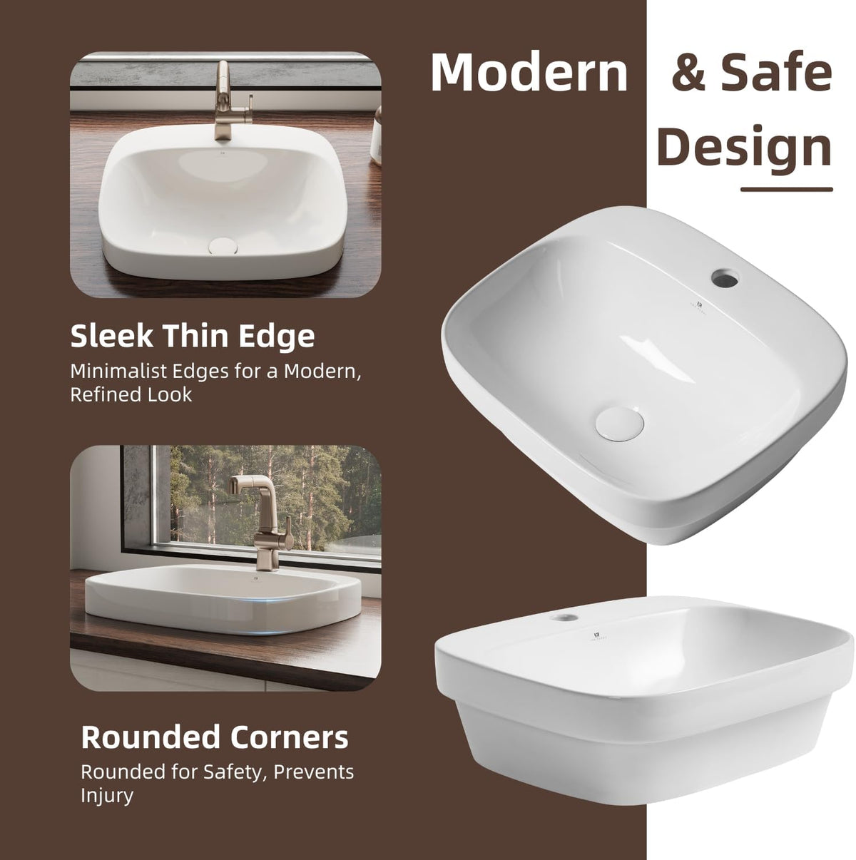 20â³W x 17â³D Drop In Bathroom Sink with Free Pop-Up Drain, White Ceramic Rectangular Semi Recessed Bathroom Sink with Single Faucet Hole, Modern Vessel Sink, Durable Above Counter Basin