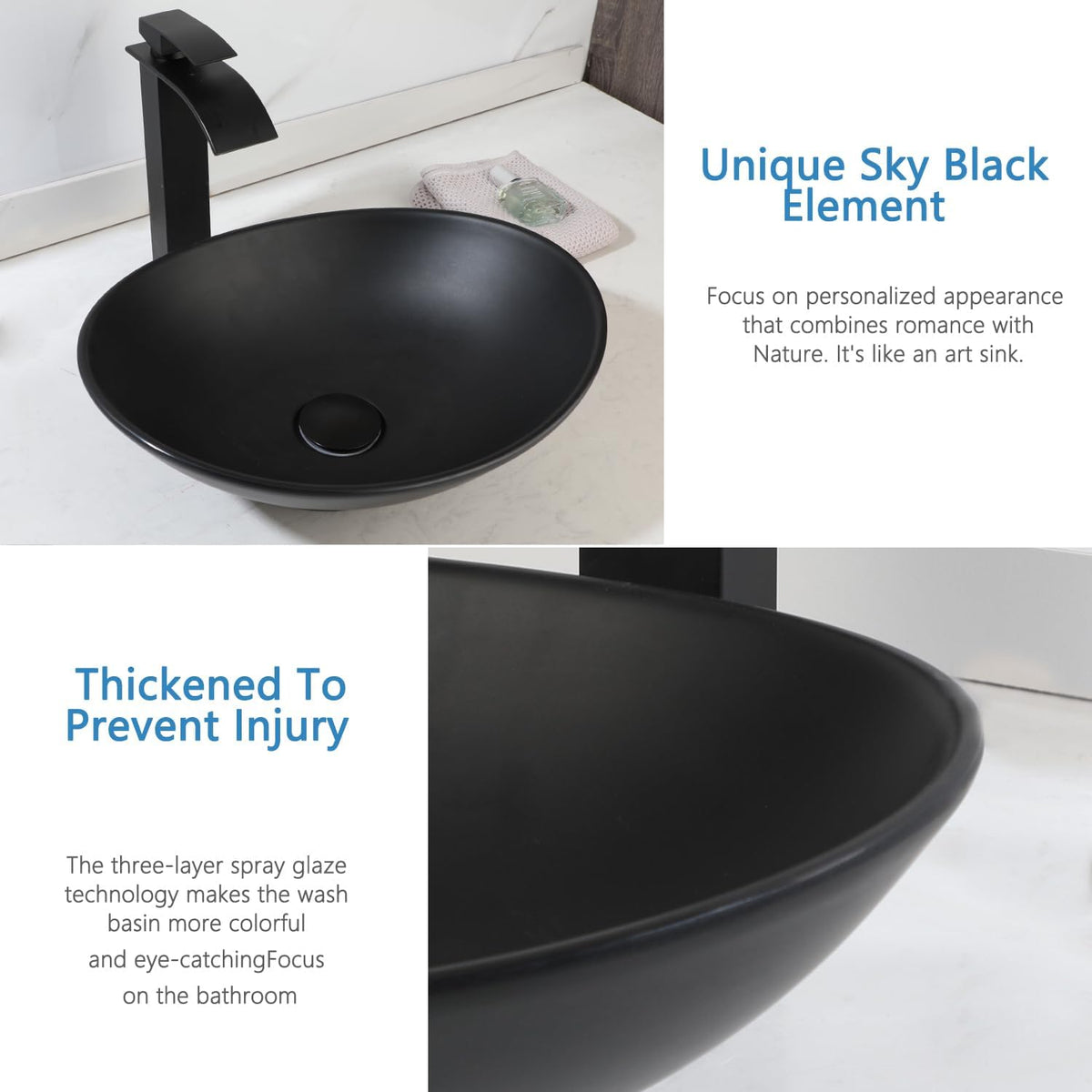 16" Bathroom Vessel Sink Oval Black Bowl