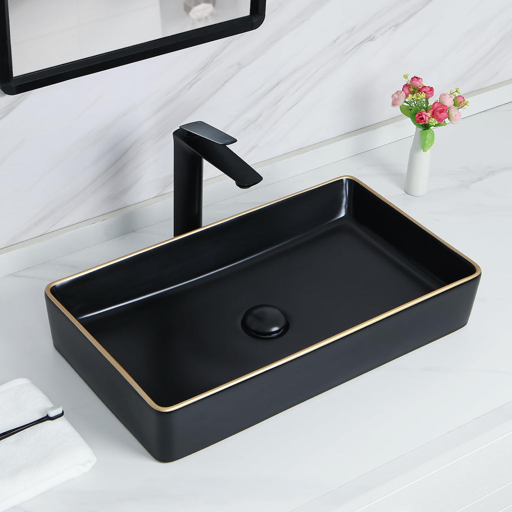 Davivy 16'' X 13.2'' Matte Black Oval Vessel Sink with Pop Up Drain,Bathroom Vessel Sinks,Bathroom Sinks Above Counter,Ceramic Vessel Sink,Counter top Sink,Black Sink Bowls for Bathroom