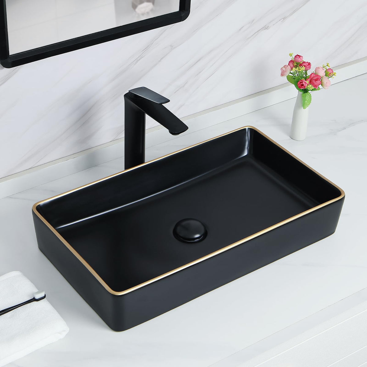 Davivy 16'' X 13.2'' Matte Black Oval Vessel Sink with Pop Up Drain,Bathroom Vessel Sinks,Bathroom Sinks Above Counter,Ceramic Vessel Sink,Counter top Sink,Black Sink Bowls for Bathroom