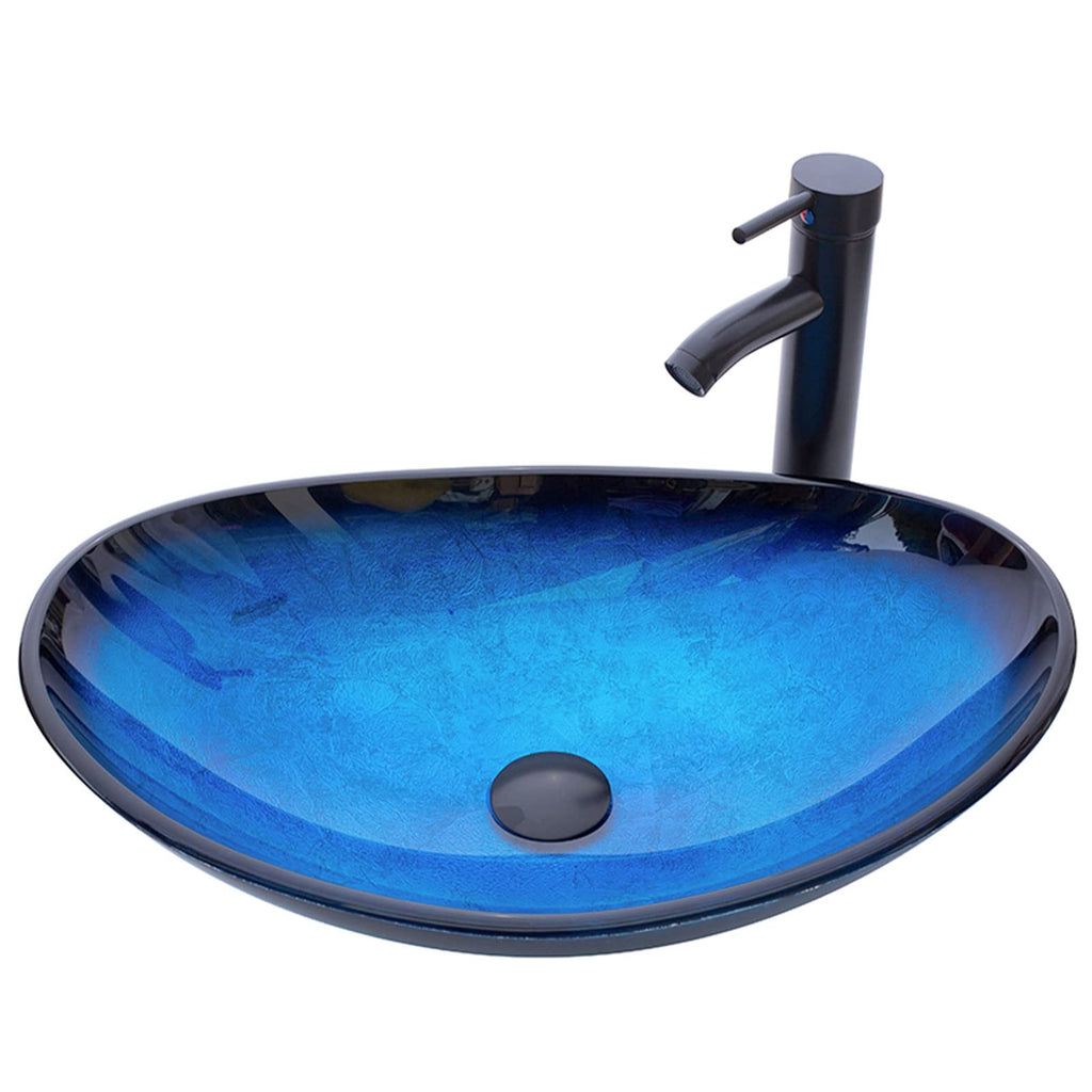 Vessel Sink Bathroom Sinks Tempered Glass Art Basin 20.8"x13.7" Oval Bowl Above Counter with Faucet and Pop-Up Drain Combo, Oval Clear Grey,Modern Countertop Bowl Sink