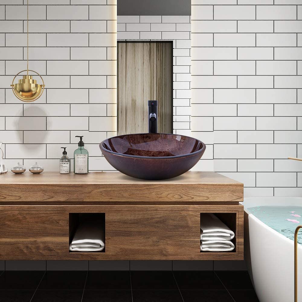 Design Vessel Sink Concrete Bathroom Sink above Counter Small Vessel Sink Bathroom Sink Bowl Countertop Modern Sinks with Faucet and Drain Combo 15.7" Round Gray