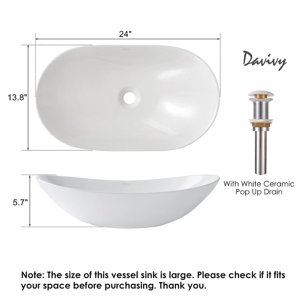 Davivy 24.5'' X 13.8'' Large Matte Black Oval Vessel Sink with Pop Up Drain,Ceramic Bathroom Sink Above Counter,Matte Black and White Vessel Sink for Bathroom (Large)