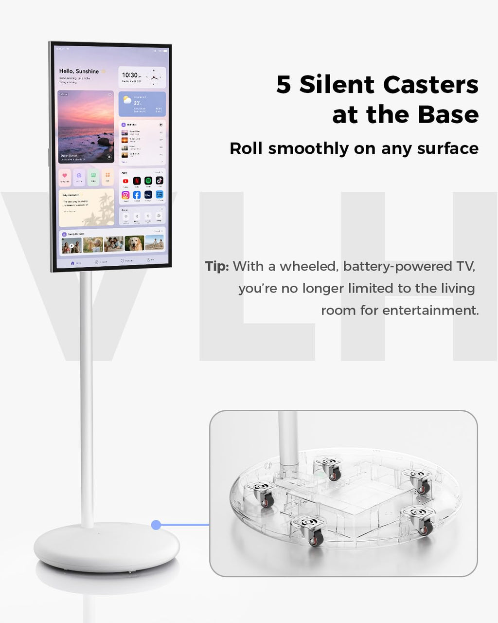 VLH 32 Inch Smart Portable TV Tablet with Rolling Stand, 1080P Touch Screen Rolling TV, Built-in 38400mAh Battery, Android 15, 8+128GB Wireless TV on Wheels with Remote, 360Â° Rotation, 5MP Camera