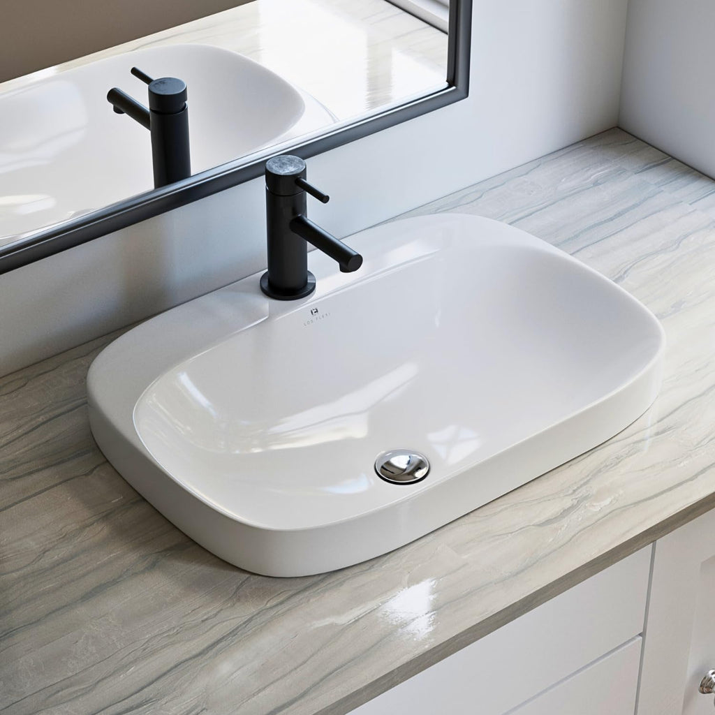 20â³W x 17â³D Drop In Bathroom Sink with Free Pop-Up Drain, White Ceramic Rectangular Semi Recessed Bathroom Sink with Single Faucet Hole, Modern Vessel Sink, Durable Above Counter Basin