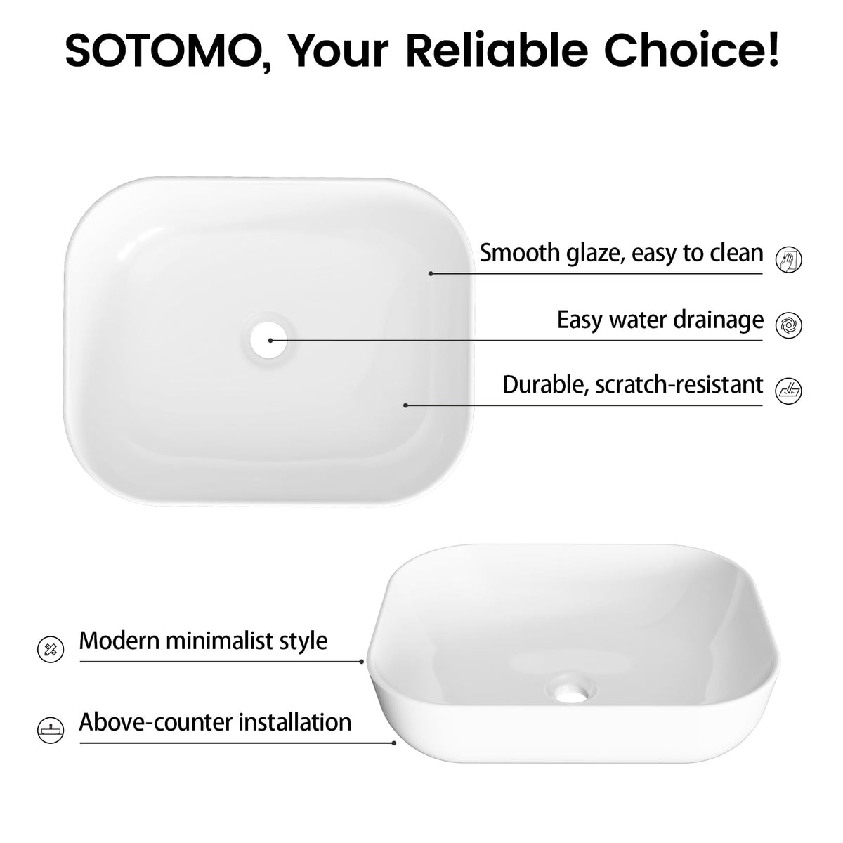 Matte Black Bathroom Vessel Sink Rectangular, 19.7â x 15.4â x 5.5â, Modern Countertop Bathroom Sink with Drainage Design, Above Counter Ceramic Basin for Powder Room - MJ-695