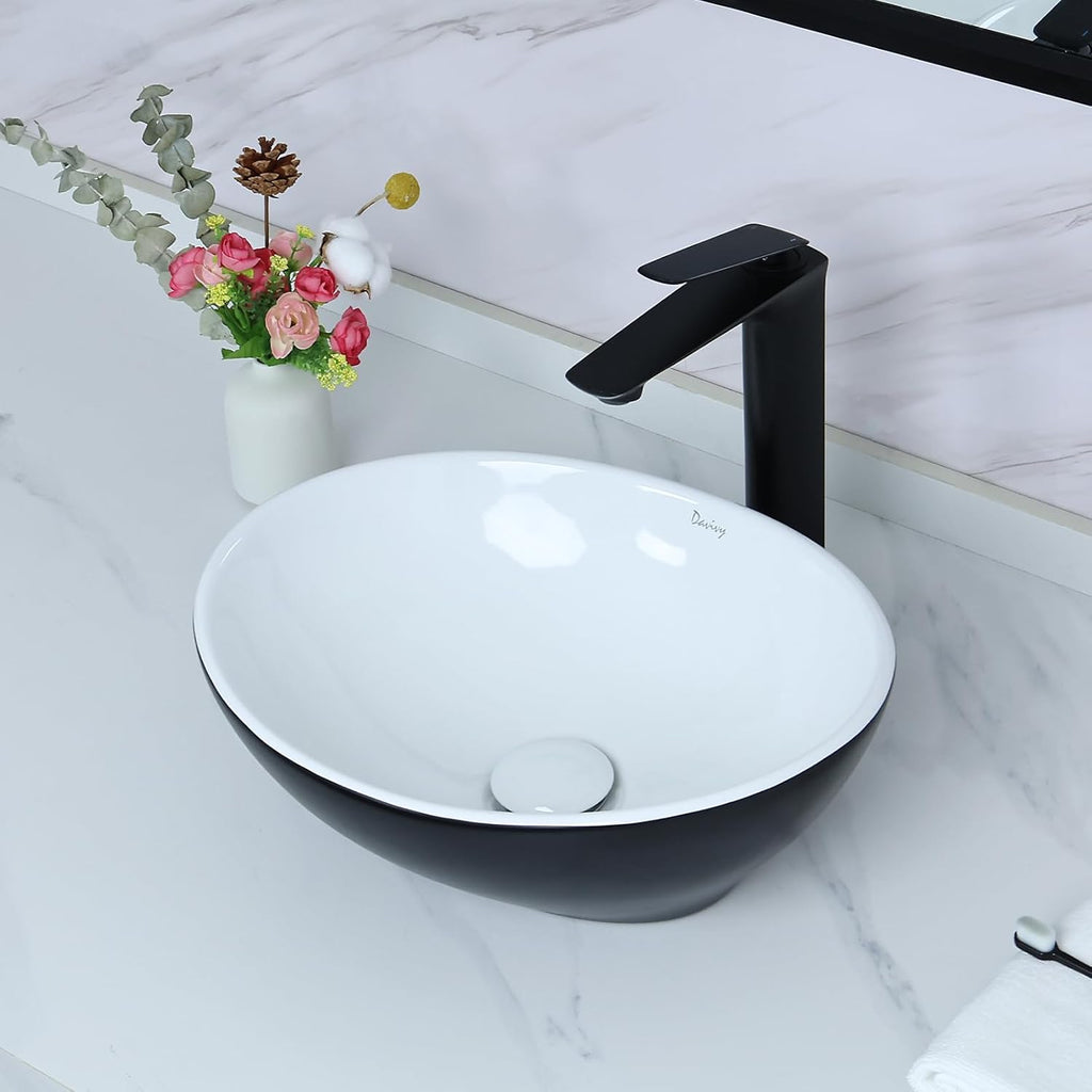 Davivy 15.7'' X 13.4'' Matte Black Oval Vessel Sink with Pop Up Drain,Bathroom Vessel Sinks,Ceramic Vessel Sink,Bathroom Sinks Above Counter,Matte Black Vessel Sinks for Bathrooms