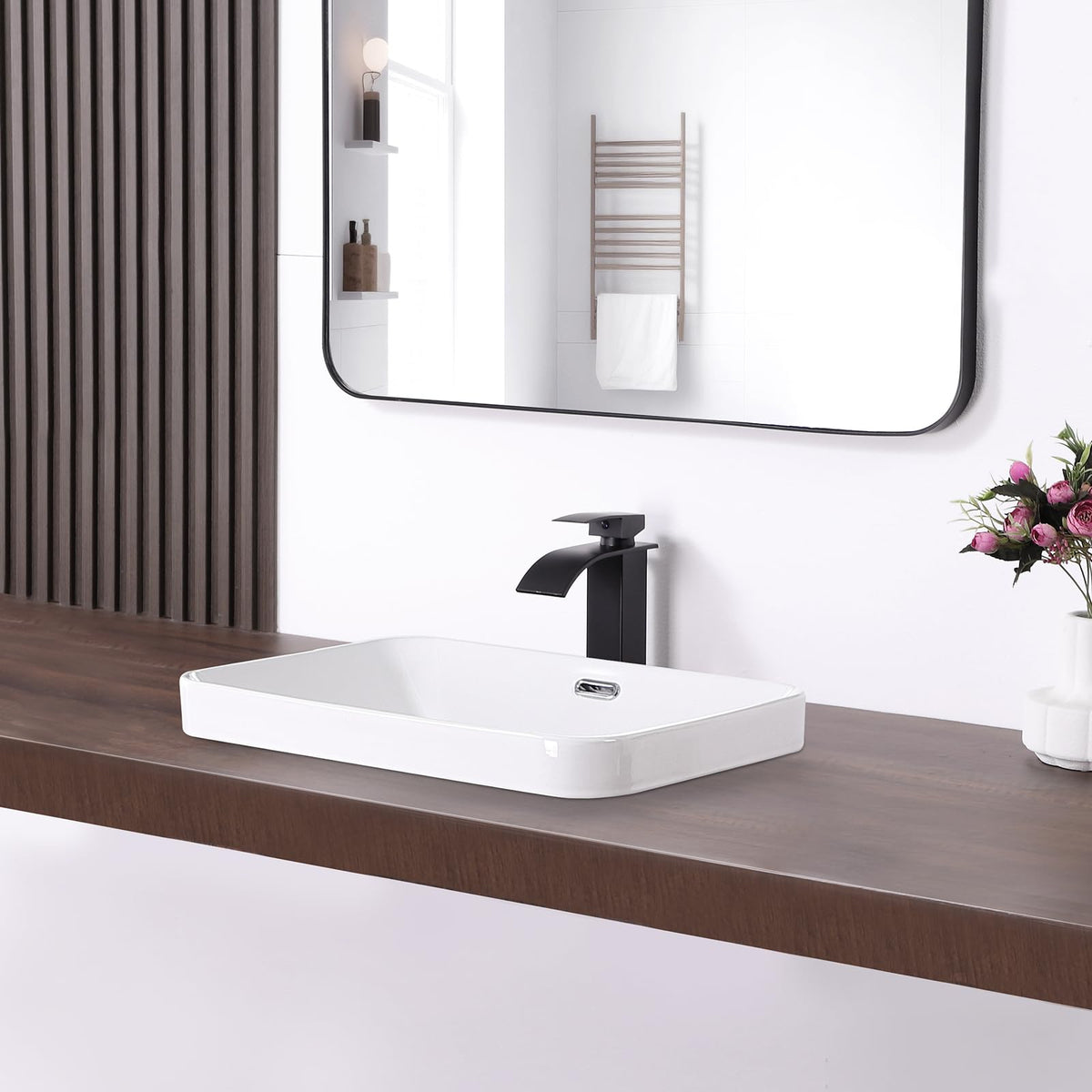 Small Bathroom Vessel Sink 16.7'' x 12.6'' Semi Recessed Bathroom Sink Rectangular Drop-in Vanity Sink with Overflow White Ceramic Modern Art Basin