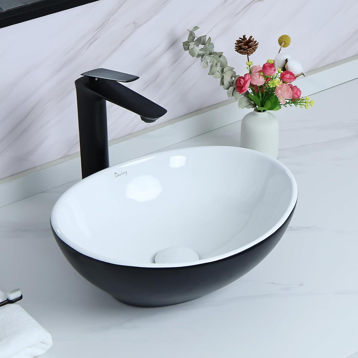 Davivy 15.7'' X 13.4'' Matte Black Oval Vessel Sink with Pop Up Drain,Bathroom Vessel Sinks,Ceramic Vessel Sink,Bathroom Sinks Above Counter,Matte Black Vessel Sinks for Bathrooms