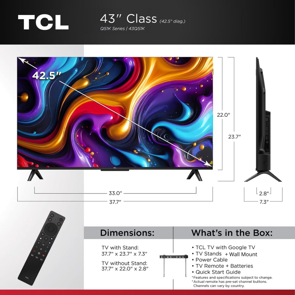 TCL 43" Q51K Series Q-LED 4K UHD HDR Smart TV with Google TV Dolby Vision, Dolby Atmos, Motion Rate 240, HDR 10+, Auto Game Mode + Free Wall Mount (2025) (Renewed)