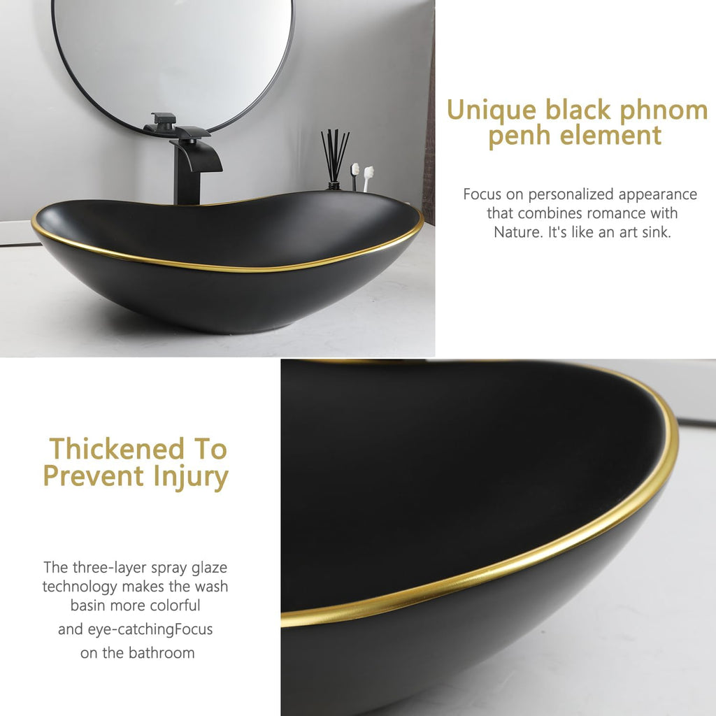 Ceramic Matte Black Bathroom Sink with Gold Trim,Oval Porcelain Vessel Sink with Faucet and Drain Combo,Above Counter Wash Basin Sink bowl