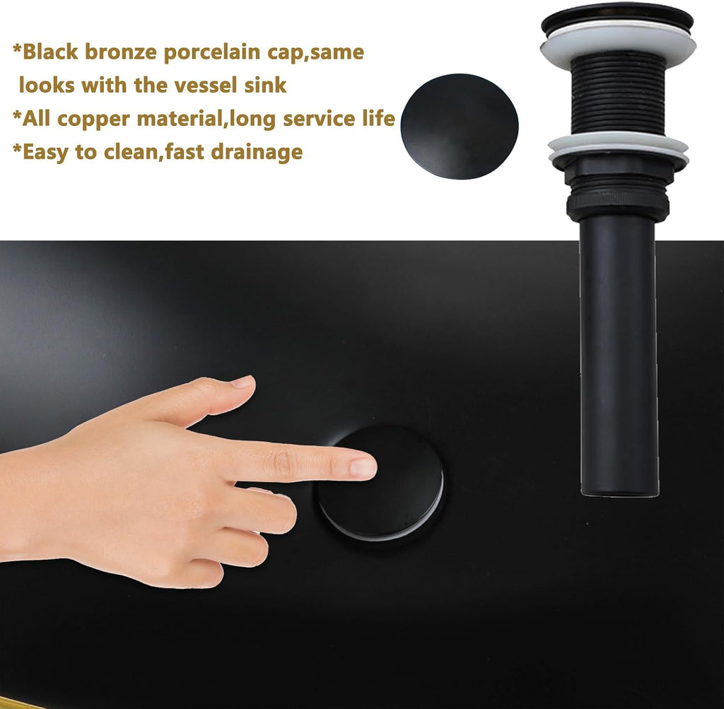 Ceramic Matte Black Bathroom Sink with Gold Trim,Oval Porcelain Vessel Sink with Faucet and Drain Combo,Above Counter Wash Basin Sink bowl