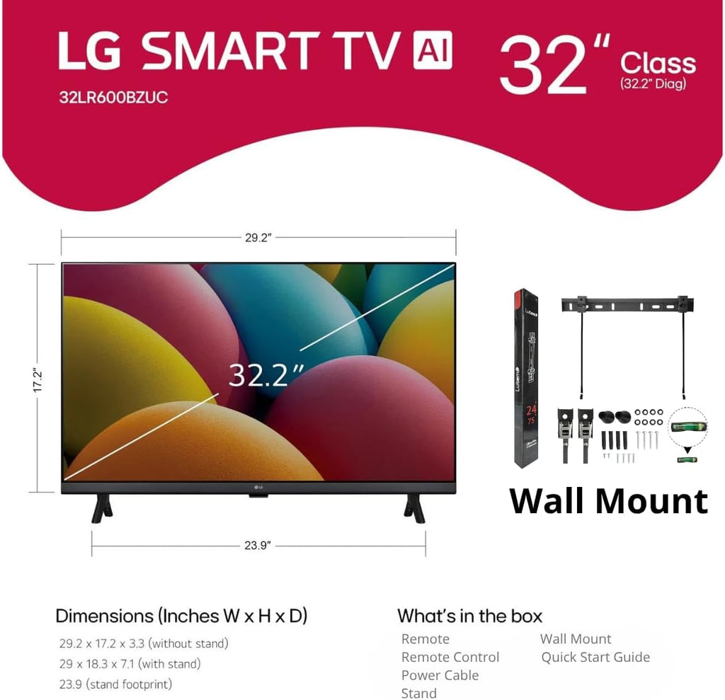LG 32" inch Smart TV (2025) LR600 32" Class HD HDR10 LR60 Series webOS 23 Bluetooth Î±5 AI Processor Gen6 + Wall Mount (Renewed)