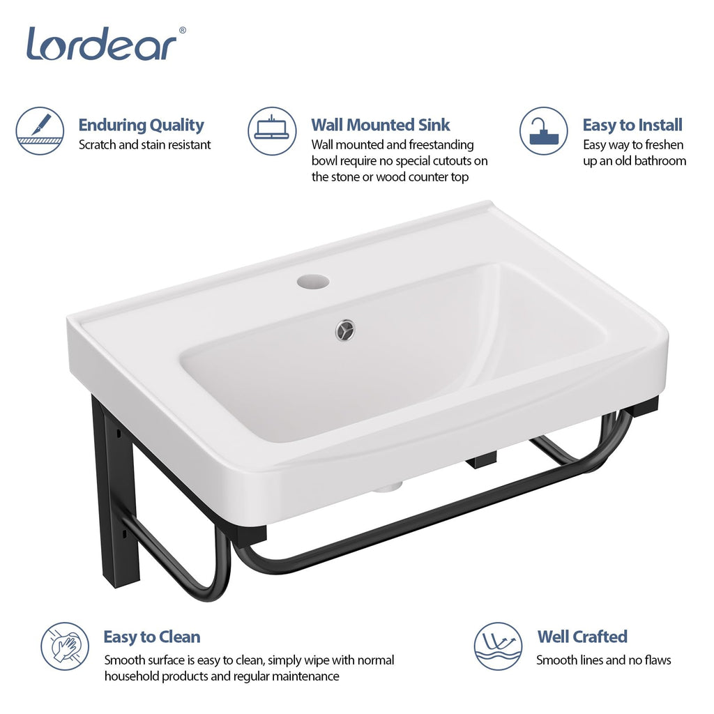 Lordear Wall Mounted Vessel Sink 16x11 Inch, U-Shape White Porcelain Bathroom Sink with Black Faucet and Support Pedestal Legs, Wall Hung Vanity Sink with Towel Rack for Small Bathrooms