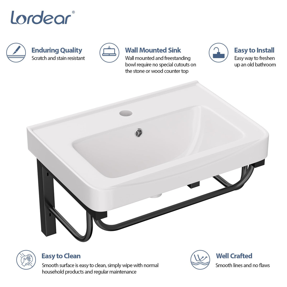 Lordear Wall Mounted Vessel Sink 16x11 Inch, U-Shape White Porcelain Bathroom Sink with Black Faucet and Support Pedestal Legs, Wall Hung Vanity Sink with Towel Rack for Small Bathrooms