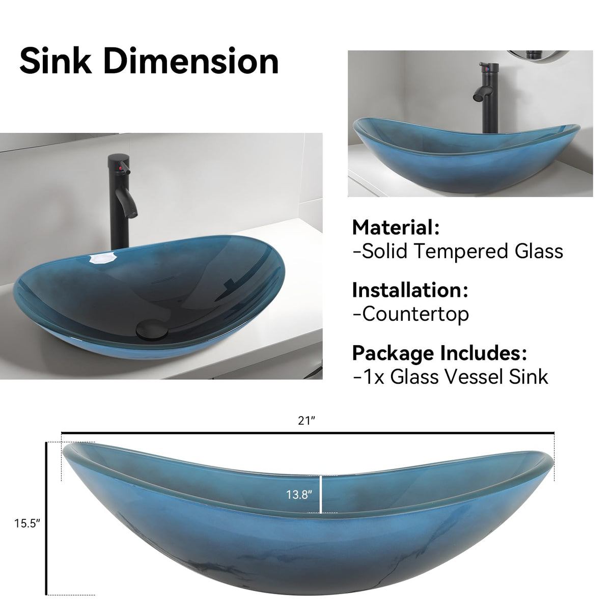 YOURLITE Bathroom Artistic Vessel Sink, Tempered Glass Countertop Bowl Sink