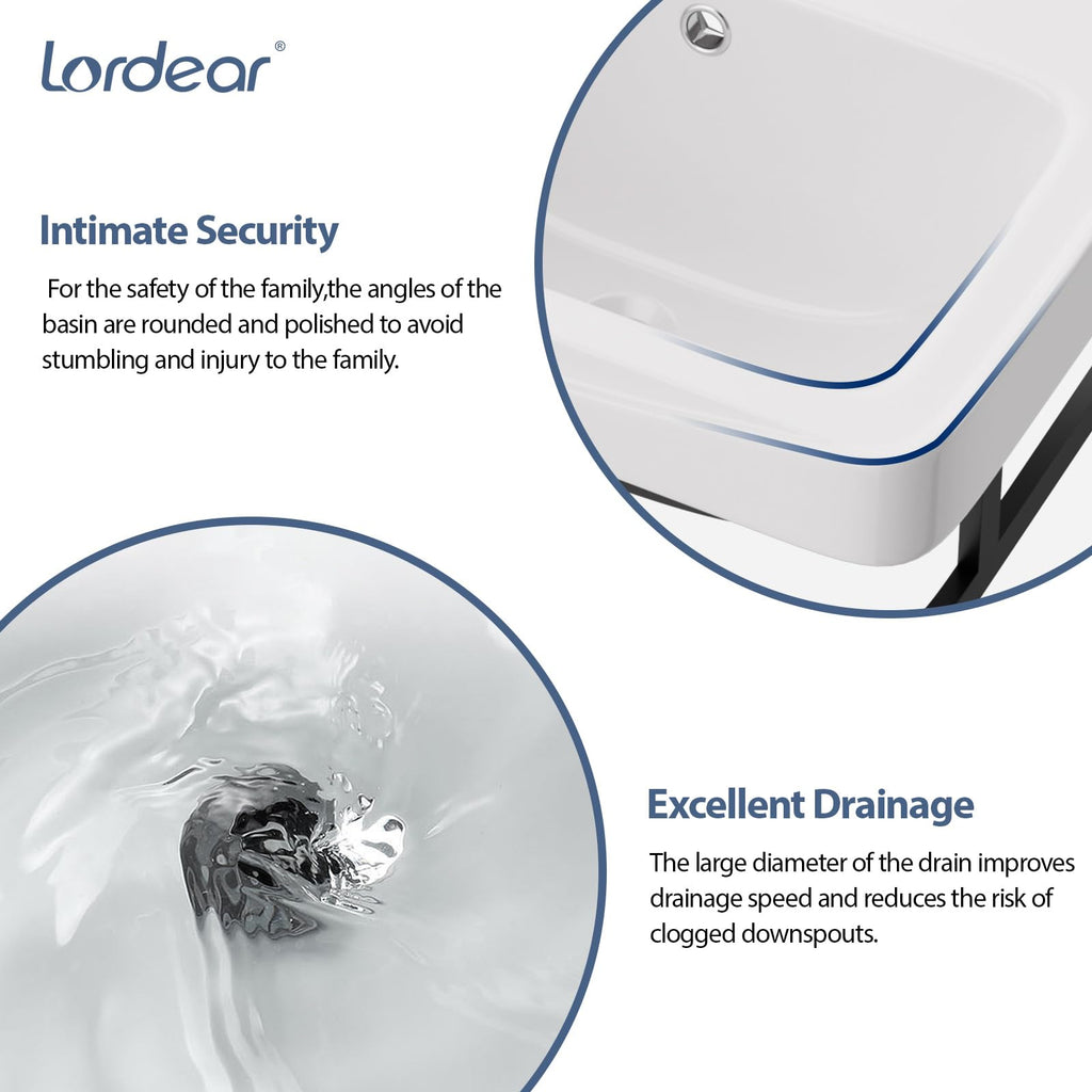 Lordear Wall Mounted Vessel Sink 16x11 Inch, U-Shape White Porcelain Bathroom Sink with Black Faucet and Support Pedestal Legs, Wall Hung Vanity Sink with Towel Rack for Small Bathrooms