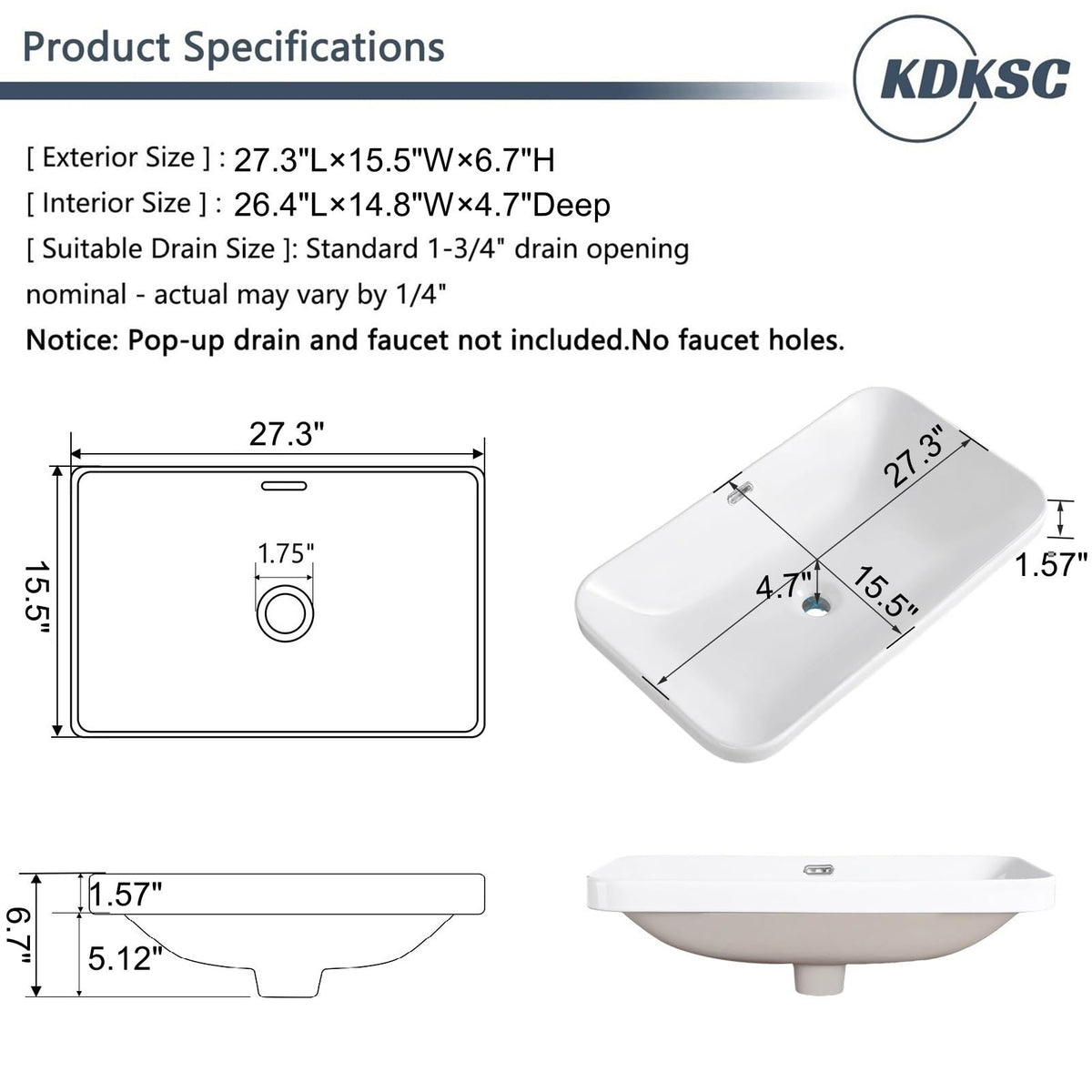 Bathroom Vessel Sink 16.7" X 12.6" Semi Recessed Bathroom Sink Rectangular Drop In Bathroom Sinks with Overflow White Ceramic Vessel Sinks for Bathroom Modern Above Counter Basin Vanity Sink